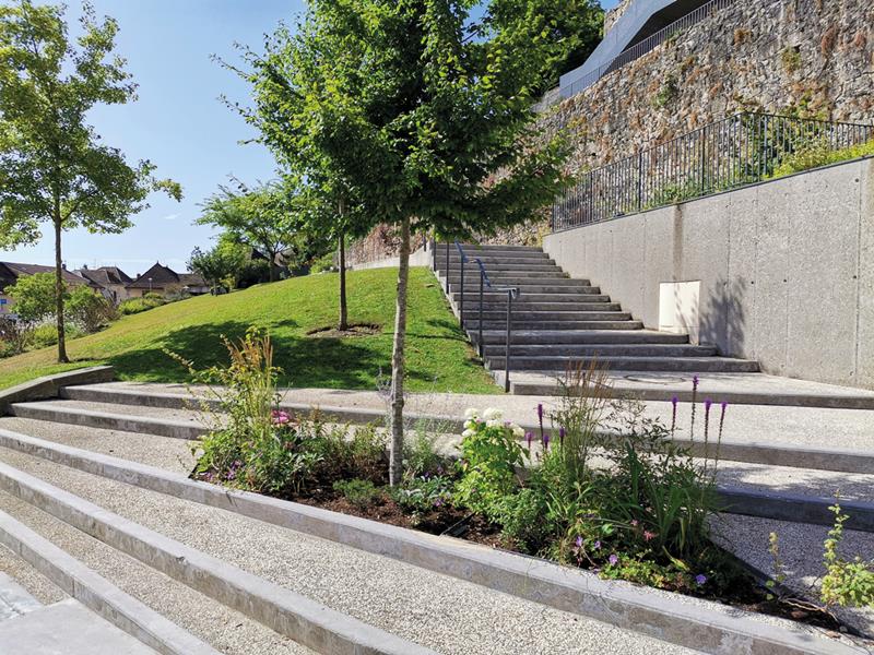 Morestel : Parterre fleuri sous les arbres